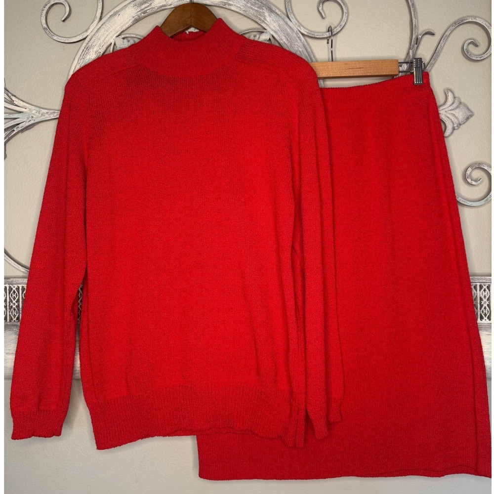 Vintage 90s Ann Wi Red Knit 2 Piece Set Mock Neck Sweater & Midi Skirt Large